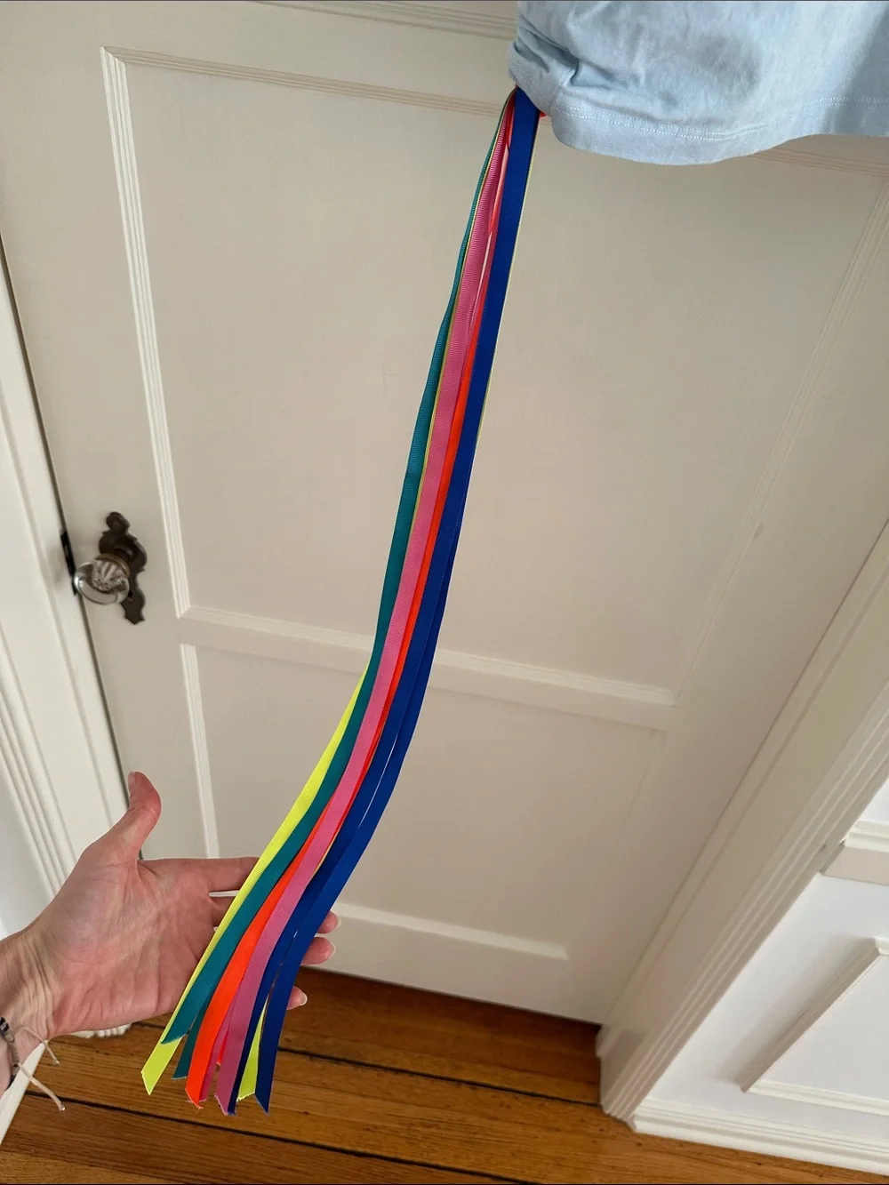 Mira Mikati Light Blue Tee with Teal, Orange & Pink Shoulder Stripes